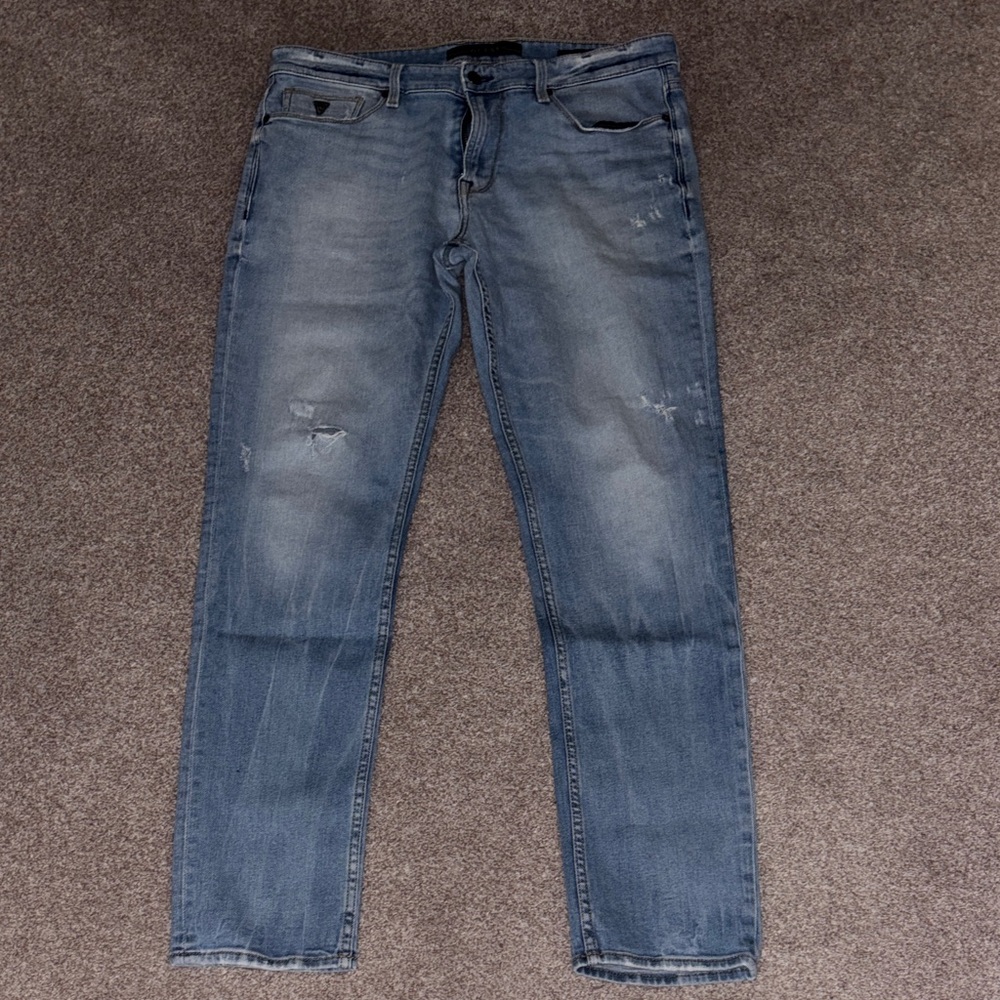 Guess Men's Slim Tapered Distressed Jeans in Faded Blue Wash